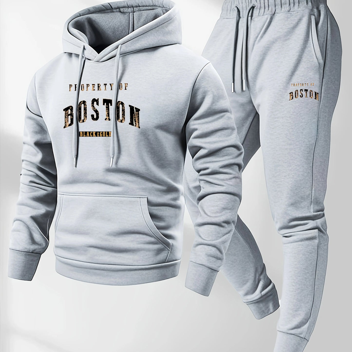 Men's Boston print hooded sweatshirt and sweatpants soft and comfortable thin velvet warm sweatpants set autumn and winter