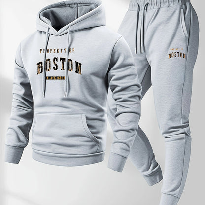 Men's Boston print hooded sweatshirt and sweatpants soft and comfortable thin velvet warm sweatpants set autumn and winter