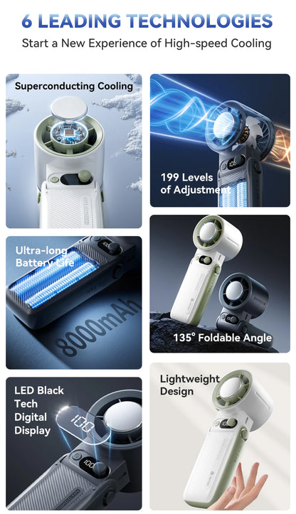 Portable Handheld Fan Strong Wind 199 Gear Wind Speed LED Digital Display Adjustable Outdoor 3-in-1 Handheld Fan 8000mAh F5PRO