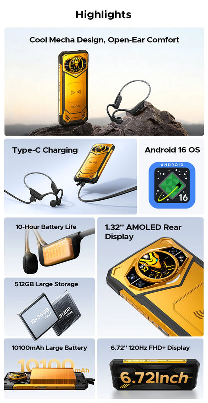 DOOGEE S200 X Android 16 5G Rugged Phone Gemini AI 48GB(12+36) 512GB 120Hz 1.32" AMOLED Rear Display 10100mAh Battery 100MP NEW
