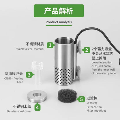 Aquarium Electric Oil Removal Film Fish Tank Stainless Steel USB Filter Self-Priming Floating Head Oil Film Processor
