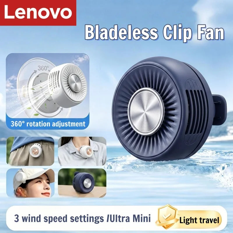 Lenovo Portable Bladeless Clip Fan 360° Rechargeable Mini USB Desk Fan Small Cooling Fan for Outdoor Travel Office