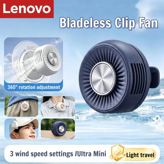 Lenovo Portable Bladeless Clip Fan 360° Rechargeable Mini USB Desk Fan Small Cooling Fan for Outdoor Travel Office