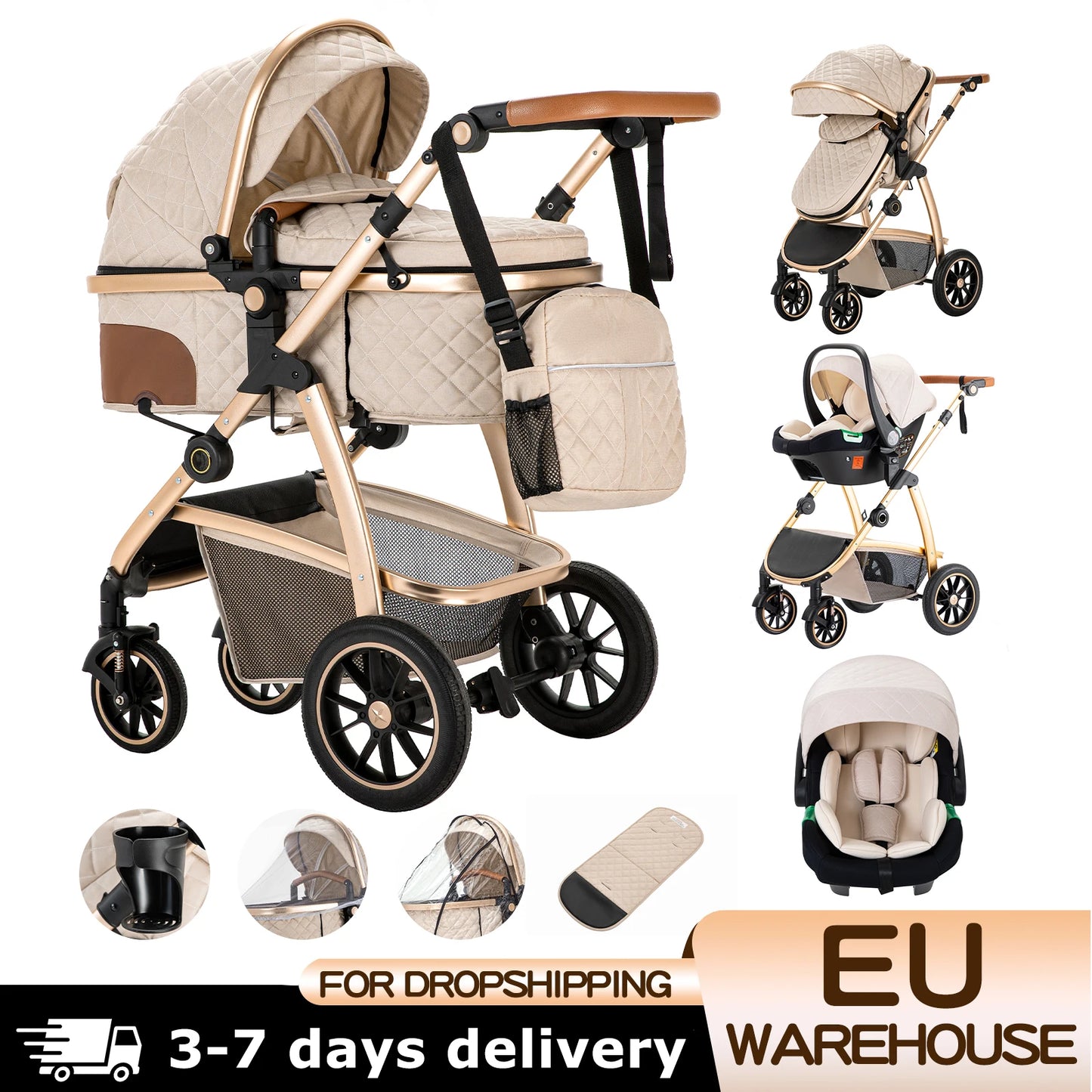 Baby Stroller 3 in 1 Easy Folding Multifunctional Stroller Travel Portable Baby Carriage Safety Seat EU Standard Aluminum Frame