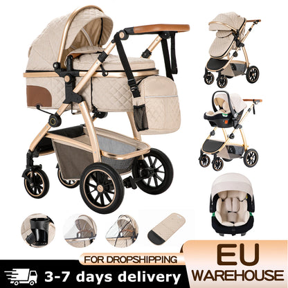 Baby Stroller 3 in 1 Easy Folding Multifunctional Stroller Travel Portable Baby Carriage Safety Seat EU Standard Aluminum Frame
