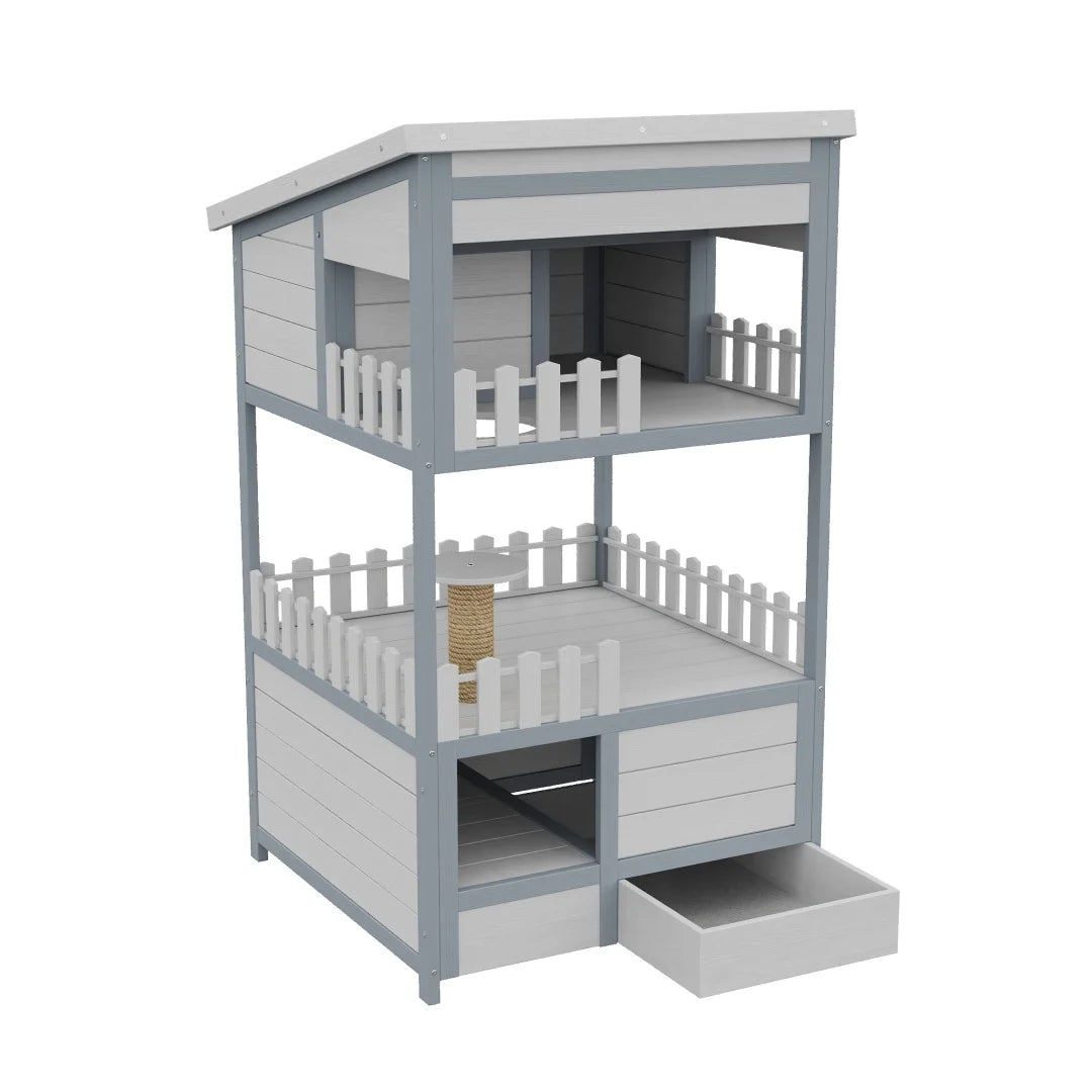 Outdoor cat house, pine cat house, rainproof outdoor cat shelter, solid wood pet cage, winter warm cat bed, with galvanized cat litter box, size 68 x 64 x 124 cm, gray