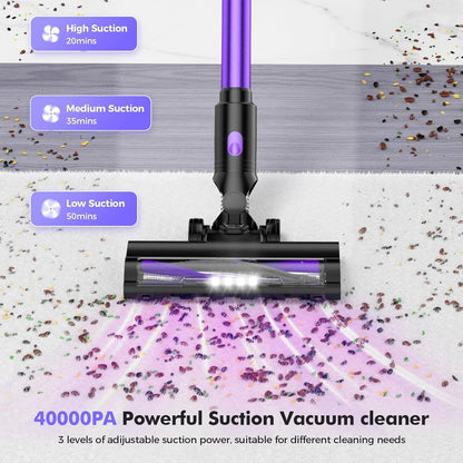 Cordless Vacuum Cleaner, 40KPa/50Mins/3 Modes, Cordless Stick Vacuum with LED Display & Foldable Lightweight Design, Rechargeable Handle Cleaners for Home, Pet Hair, Carpet, Hard Floor
