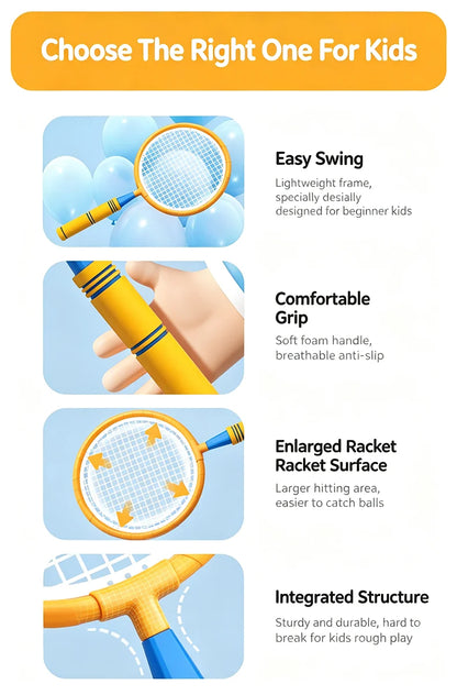 Badminton and Tennis Racket Kid 4in1 Sports Toy Hand Eye Coordination Gifts for Reflex Training Beginners Outdoors Beach