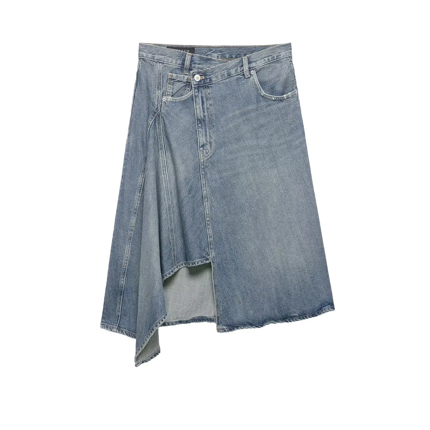 Women'sAsymmetric Denim Skirt New Spring Casual Mid Waist Pocket Women Lace Skirts Fashion Female Chic Skirts
