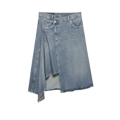 Women'sAsymmetric Denim Skirt New Spring Casual Mid Waist Pocket Women Lace Skirts Fashion Female Chic Skirts