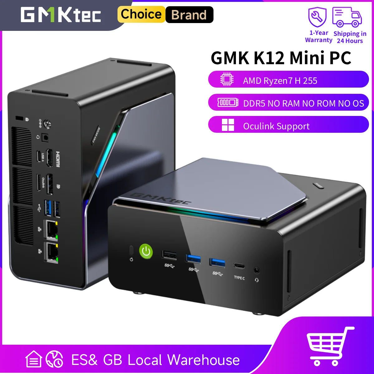 GMKtec K12 Mini PC AMD Ryzen7 H 255 (Upgraded 8745HS) Oculink Support DDR5 NO RAM NO ROM NO OS Desktop Computer Gaming PC WIFI6E