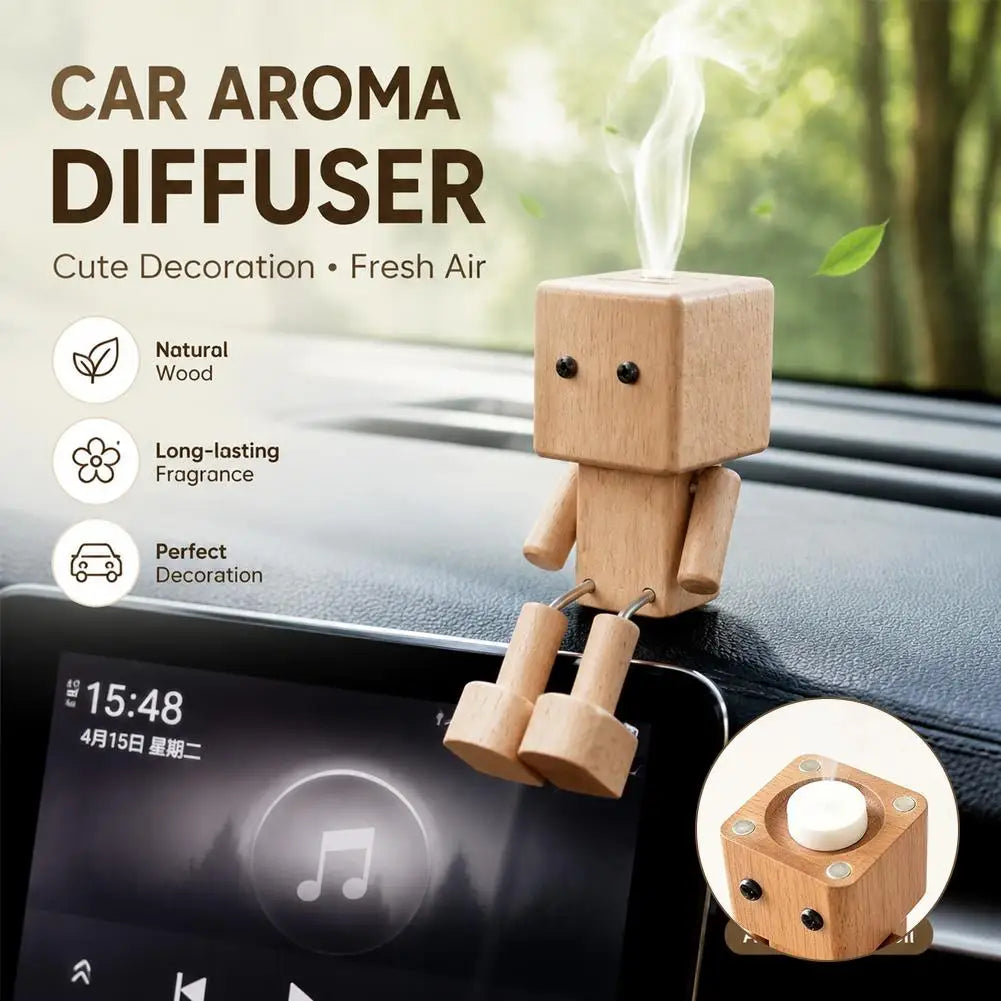Wooden Robot Car Air Freshener Creative Shaking Legs Essential Oil Aroma Diffuser Vent Clip Dashboard Decor for Auto