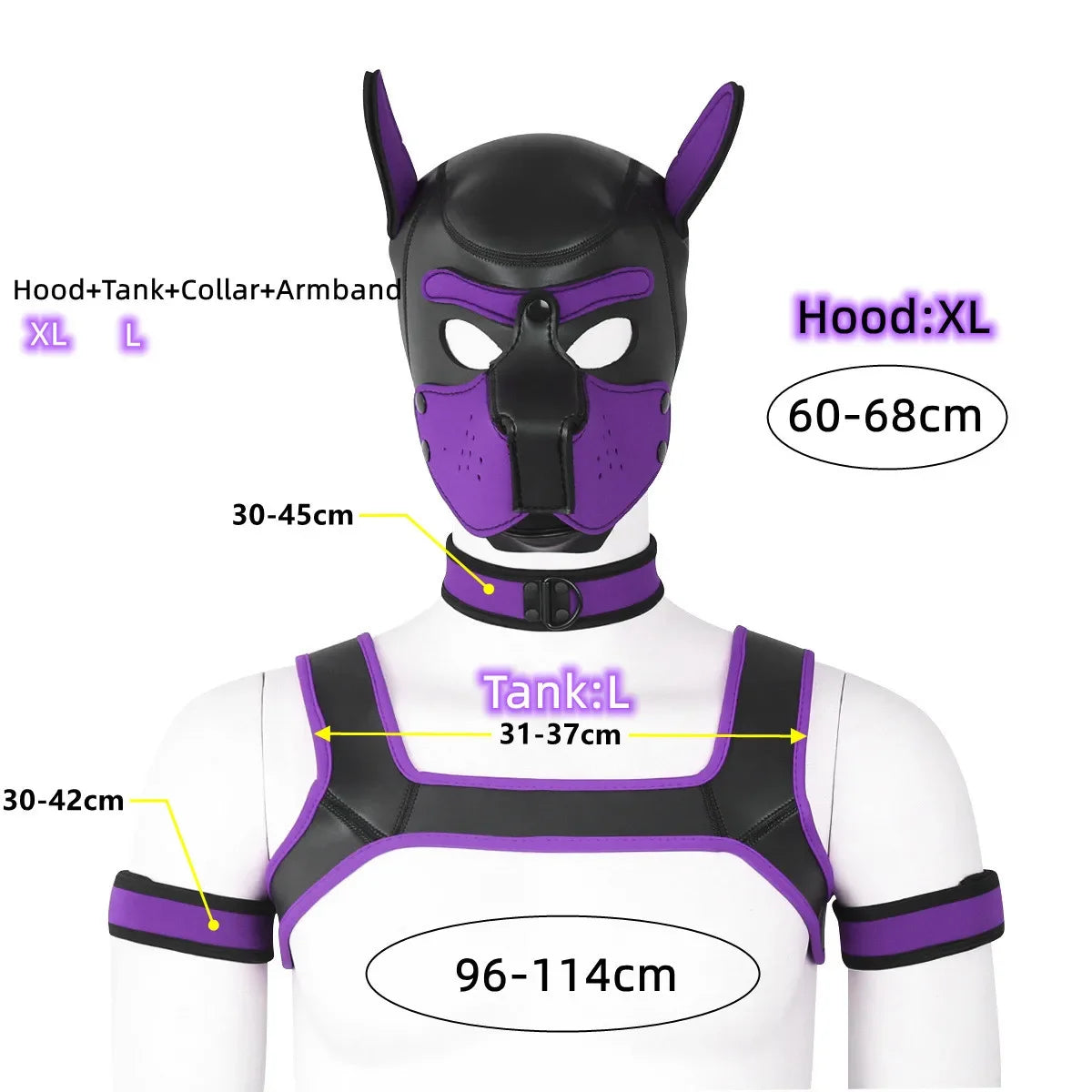 XL Large Size Puppy Cosplay Neoprene Fetish Hood Mask Kit with Chest Strap Collar Armband Sex Costumes for Bdsm Slave Role Play