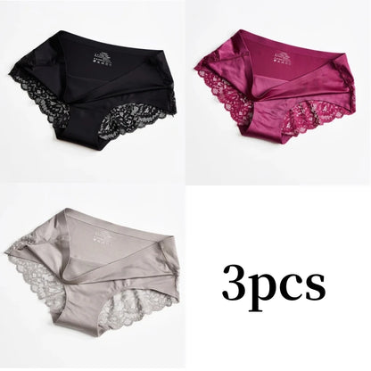 3pcs Lace Women's Panties French Seamless Underwear Female Ice Silk Briefs Solid Color Breathable Underpants Lingerie