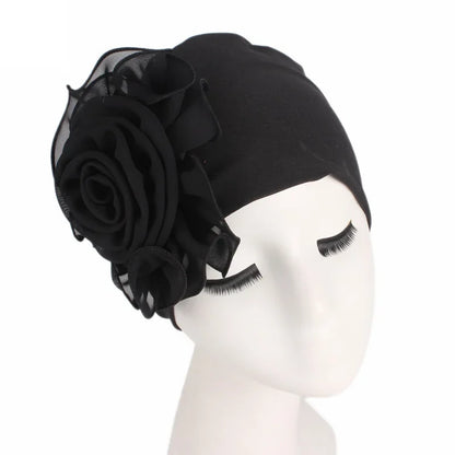 Fashion Women Big Flower Turban Hat Solid Color Elastic Cloth Head Cap Muslim Head Wraps Caps Lady Bandana Hair Accessories