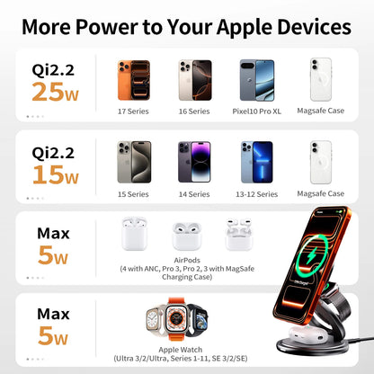 Protable 25W Metal Wireless Charger Qi2.2 Fast Charging Station Stand 360° Rotation for iPhone 17 16 15 14 Pro Max Watch Airpods