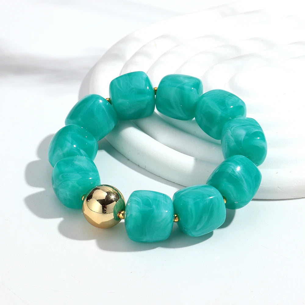Acrylic Square Beads Elastic Bracelets for Women Boho Irregular Stone Shape Beaded Handmade Bracelet Bangle Retro Jewelry Gifts