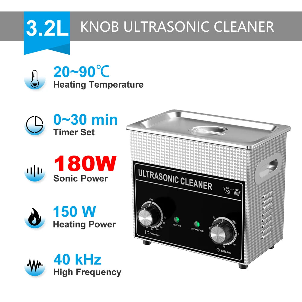 Ultrasonic Bath 3.2L 180W Cleaner Machine Power Adjust Hot Water Cleaning Bath Oil Nozzle Spark Plug Small Fuel