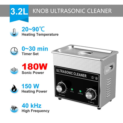 Ultrasonic Bath 3.2L 180W Cleaner Machine Power Adjust Hot Water Cleaning Bath Oil Nozzle Spark Plug Small Fuel