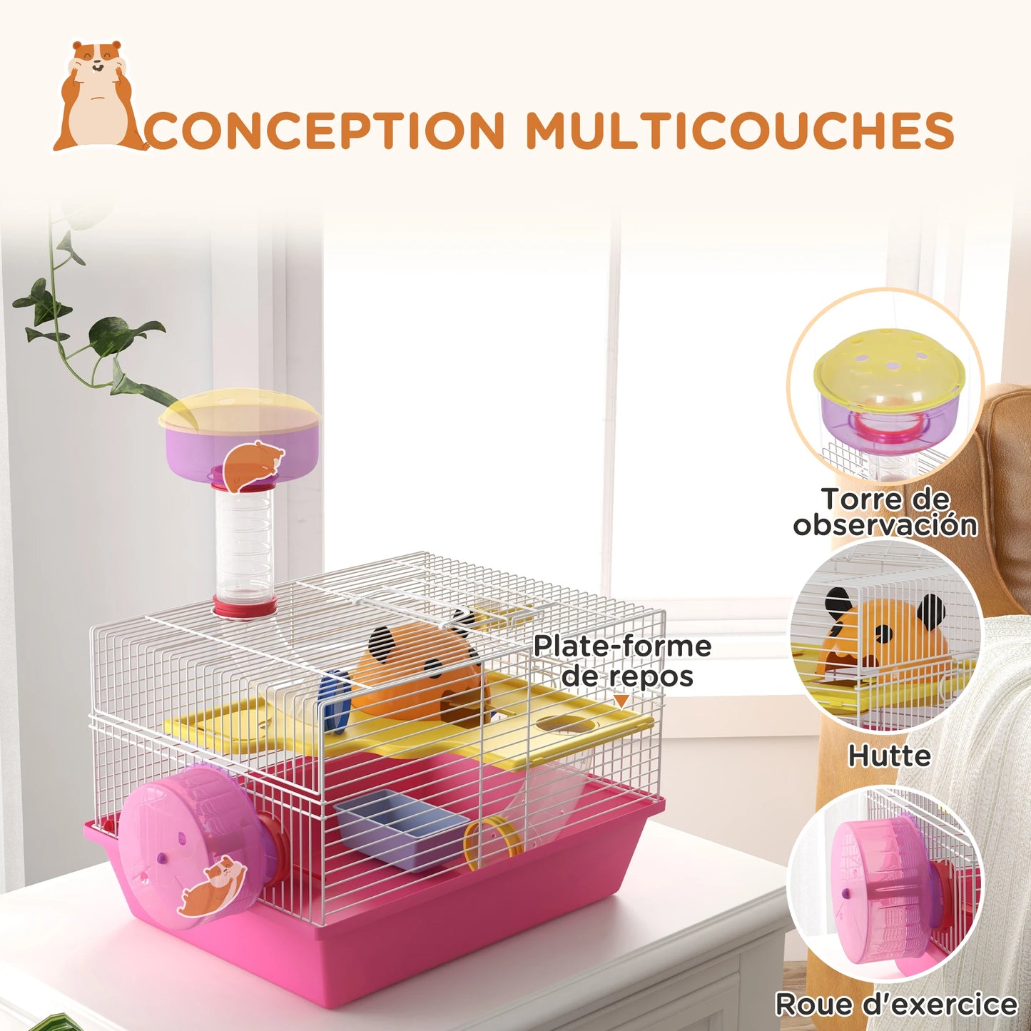 Multi-colored rodent Cage with platform, bottle of water, wheels, House, 34x27x25 cm, pink, rat cage, hamster cage, animals cage, hamster cage