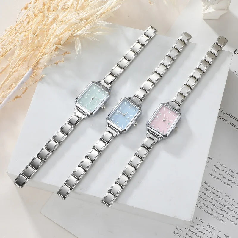 Fashion High Quality Men Women's Stainless Steel Square Round Shiny Zircon Watch Bracelet For Friend Birthday DIY Jewelry Gift