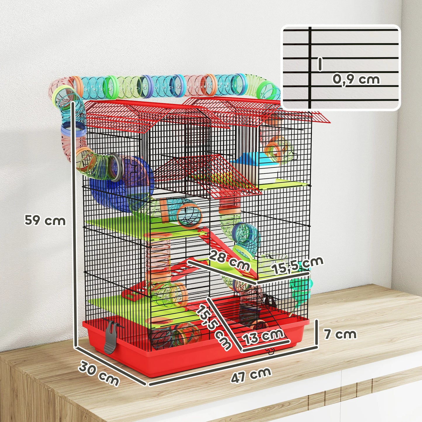Pawut Cage for Hamster Mouse small animal rodent with Tunnel feeder wheel toy 47x30x59 cm red