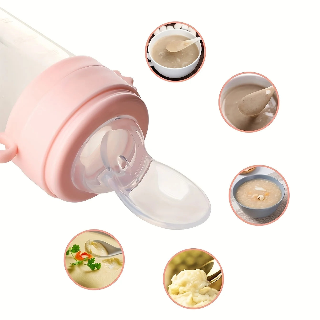 4pcs Baby Feeding Set: 1pc Silicone Spoon Feeder Bottle with Handle, 3-Size Mesh Bags-S, M, L. Baby Bottle, Feeding Bottle Set