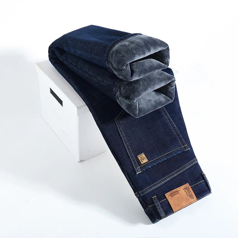 Winter Warm Fleece Jeans Men's Thick Thermal Casual Straight Denim Pants Male Business Work Stretch Trousers New Clothing