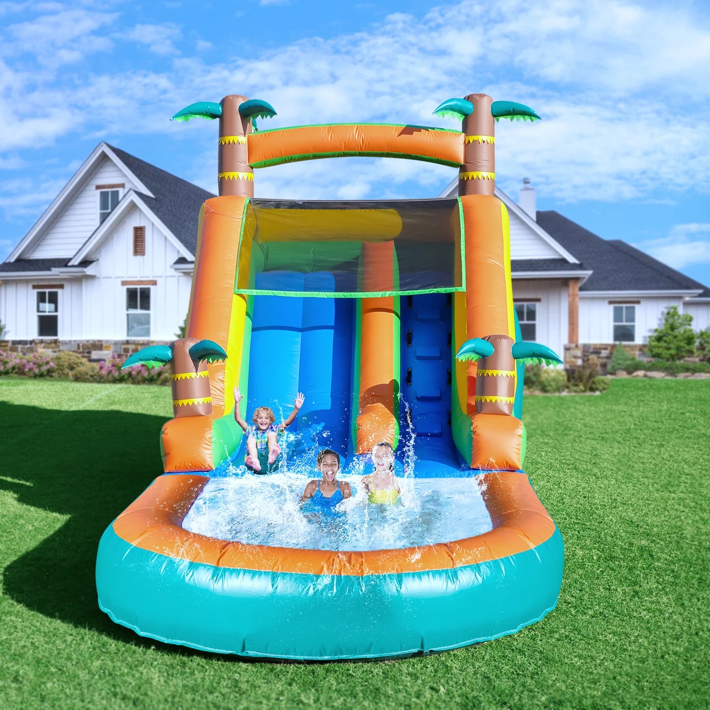 6.4m Commercial Inflatable Bounce House Tropical Water Slide Pool 950w Blower Children's playground, children's toys