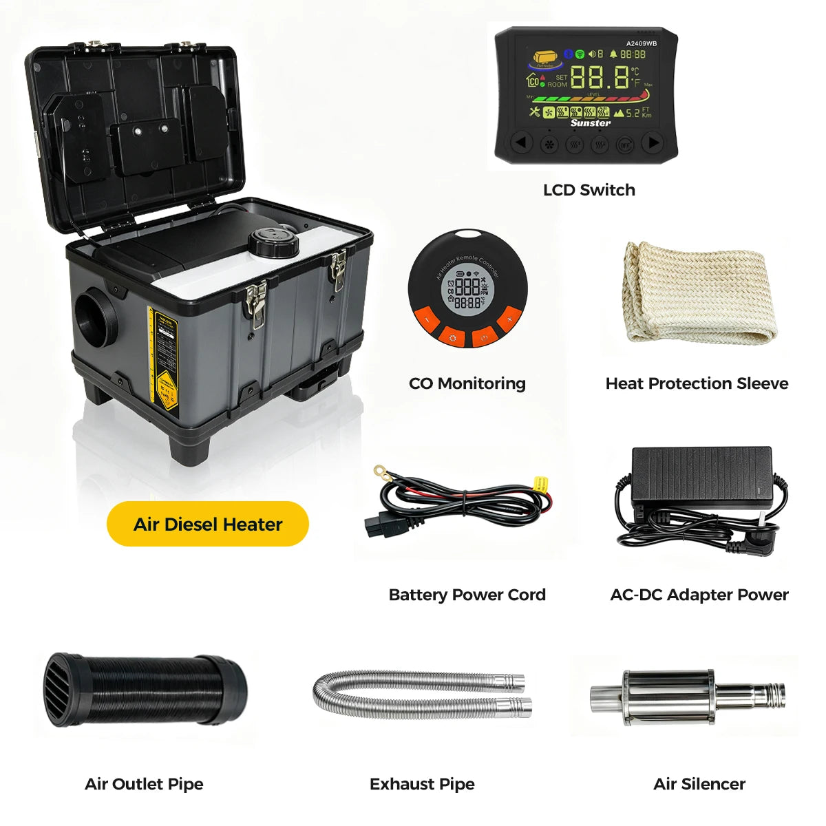 Sunster TB10WF 8KW Diesel Air Heater 12V 24V 240V Auto Thermostat Parking Heater With Bluetooth APP and CO Monitor for Car Homes Camper