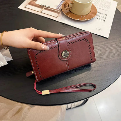 Vintage Hollow PU Long Wrist Wallet, Multi Card Slots Snap Zipper Ladies Purse For ID Cards Cash Bank Cards