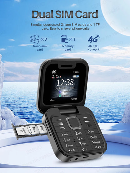 SERVO I16 PRO 4G LTE Mini Flip Mobile Phone Dual SIM Standby Call Recording Speed Dial FM Radio 1.77' Screen Foldable Cellphones