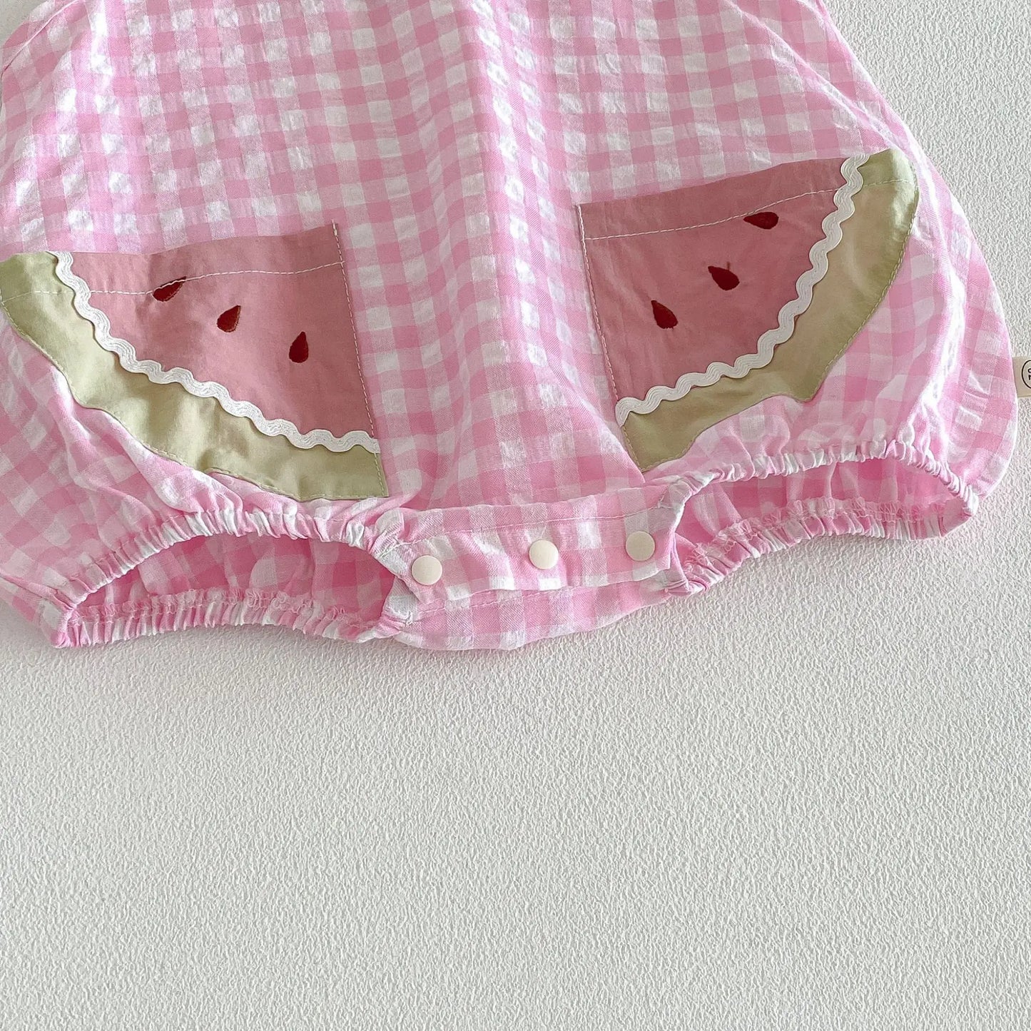 2026 Summer Childrens Clothes Watermelon Collar Baby Bodysuit with Patch Pockets Pink-white Check Girls Dress
