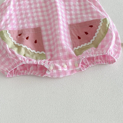2026 Summer Childrens Clothes Watermelon Collar Baby Bodysuit with Patch Pockets Pink-white Check Girls Dress