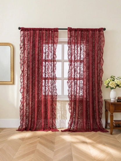 Vintage Burgundy Lace Sheer Curtains, Rod Pocket Ruffled Lace Window Curtains for Living Room Bedroom