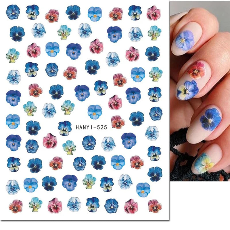 3d Nail Art Decals Watercolor Florals Purple Green Pink Flowers Leafs Fruit Adhesive Sliders Nail Stickers For Manicure