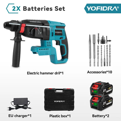 YOFIDRA 26mm Brushless Electric Rotary Hammer Cordless Multifunctional Impact Hammer Drill Power Tools For Makita 18-21V Battery Pin