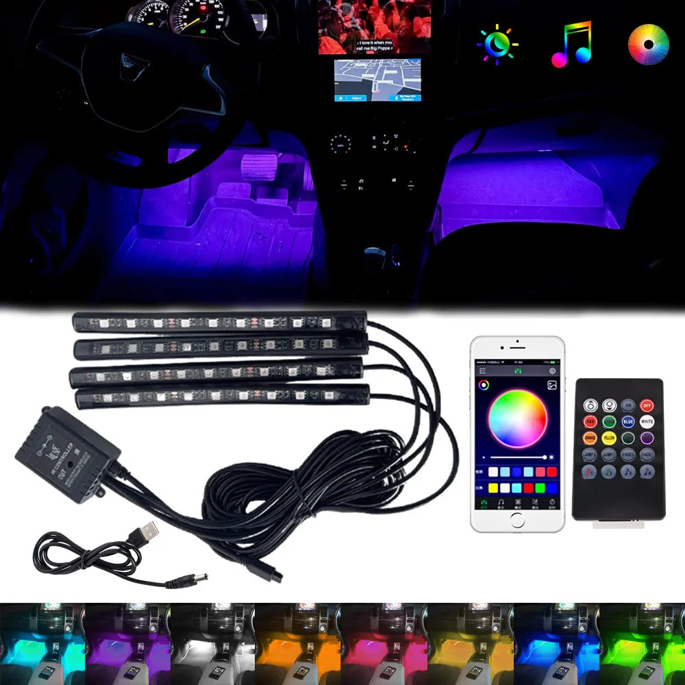 Neon 36 48 72 LED Car Interior Ambient Foot Light Kit Backlight Remote App Music Control Auto RGB Atmosphere Decorative Lamp