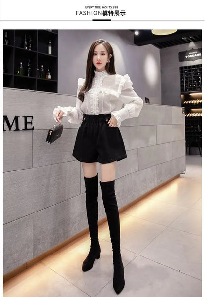 Black Woolen Shorts Women Chic Folds High Waist Design Loose Autumn Winter College Vintage Streetwear Lovely Female Classy Basic