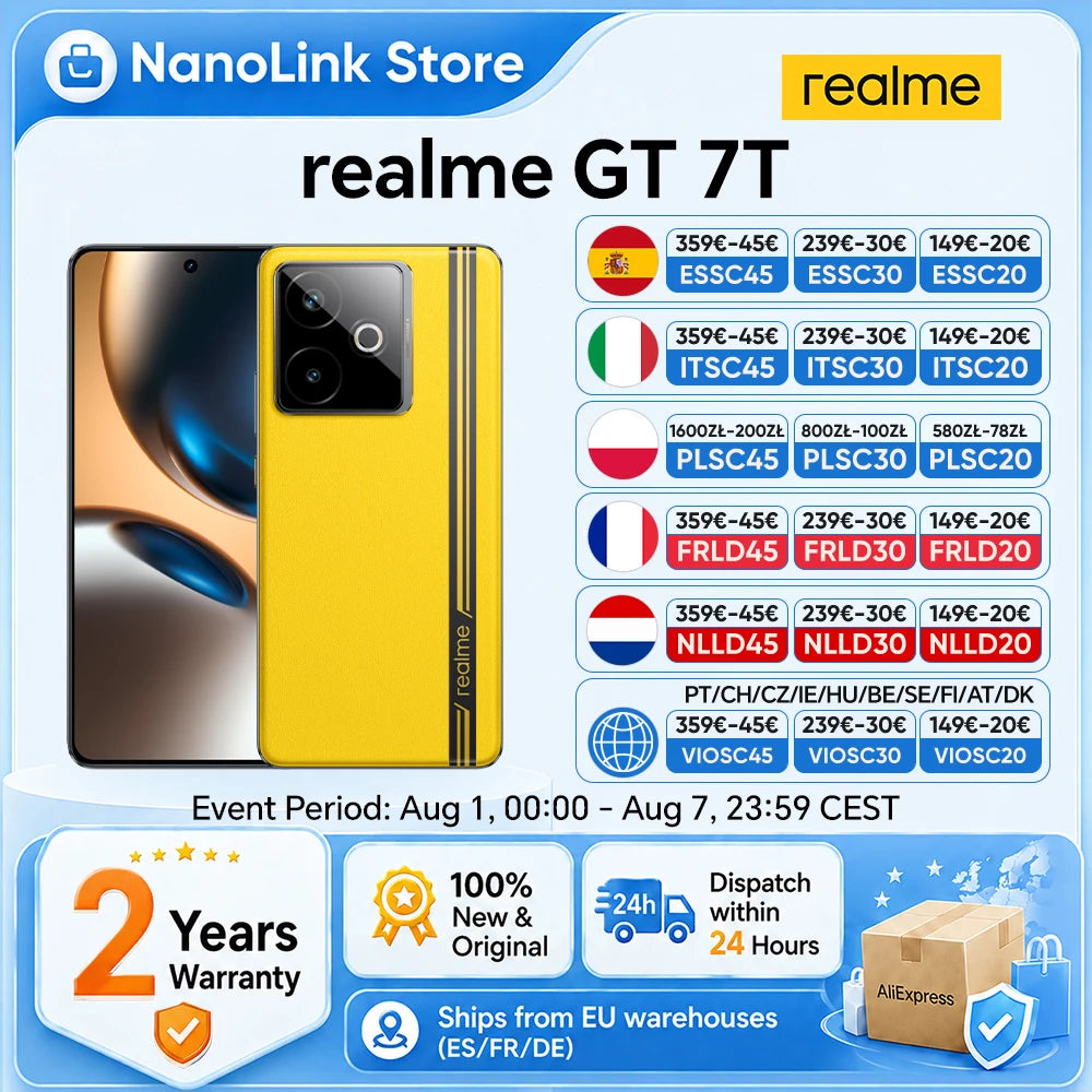 realme GT 7T Smartphone 5G MediaTek 8400-MAX 7000mAh Titan Battery 120W Ultra Charge 6.8'' 120Hz Display EU Version NFC