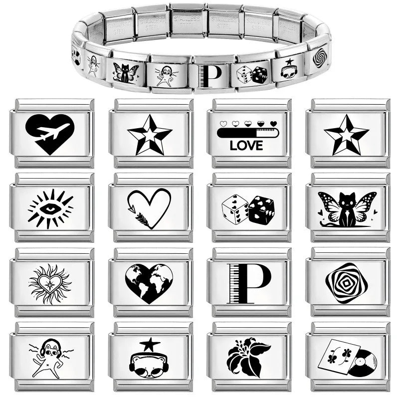 Laser Engraving Cute Cartoon Black Playing Cats Italian Charm Links Fit 9mm Stainless Steel Bracelet Men Women DIY Making Gifts