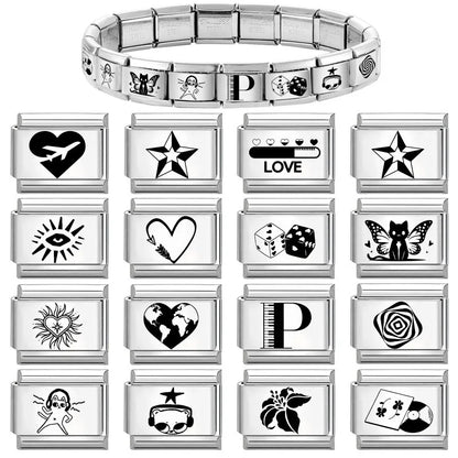 Laser Engraving Cute Cartoon Black Playing Cats Italian Charm Links Fit 9mm Stainless Steel Bracelet Men Women DIY Making Gifts