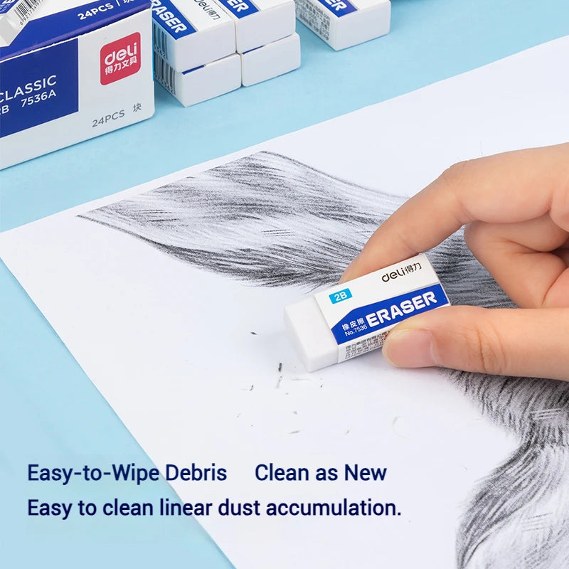 Deli 2B White Erasers Soft PVC Mess-Free Clean Rubber for Pencils Exam Office School Sketching Art Supplies