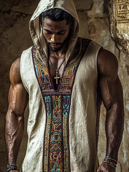 Ethnic Men's Summer Sleeveless linen Casual Pullover Hoodie Top 2025 Vintage Print V-neck Trendy Perspective Hoodie Sweatshirt