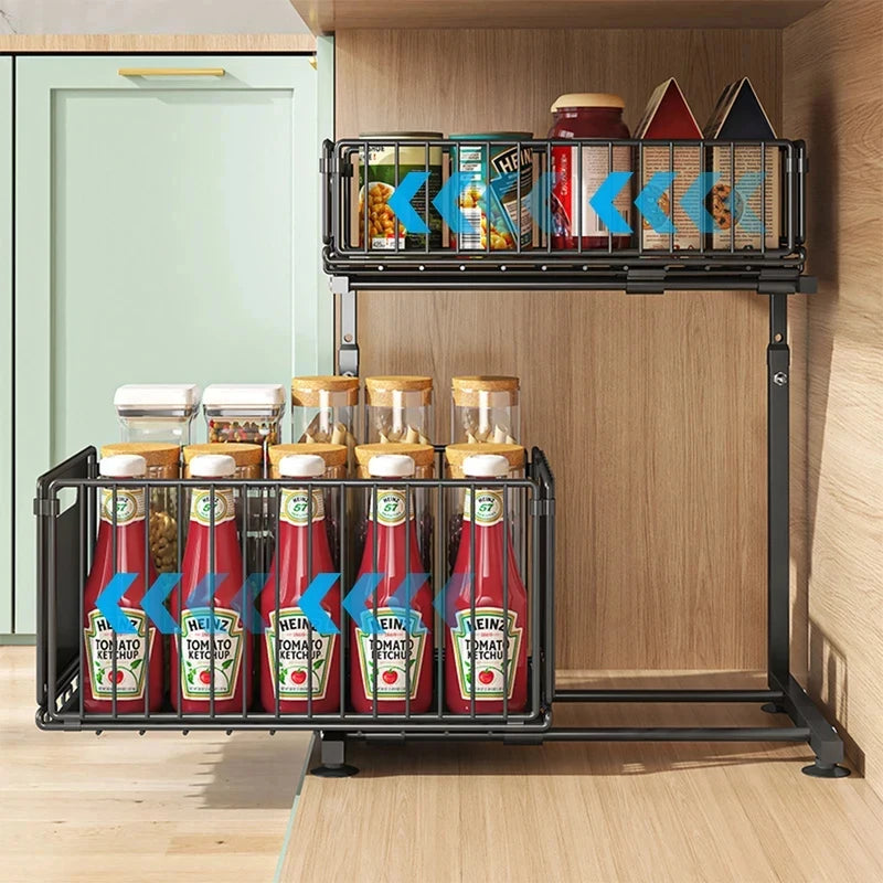2 Tier Pull Out Cabinet Organizer Adjustable Under Sink Storage Rack Slide Out Drawer Kitchen Spice Jar Storage Shelf