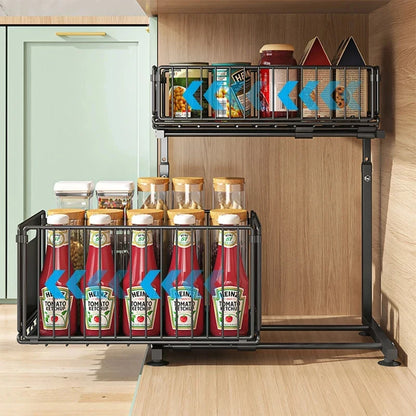 2 Tier Pull Out Cabinet Organizer Adjustable Under Sink Storage Rack Slide Out Drawer Kitchen Spice Jar Storage Shelf