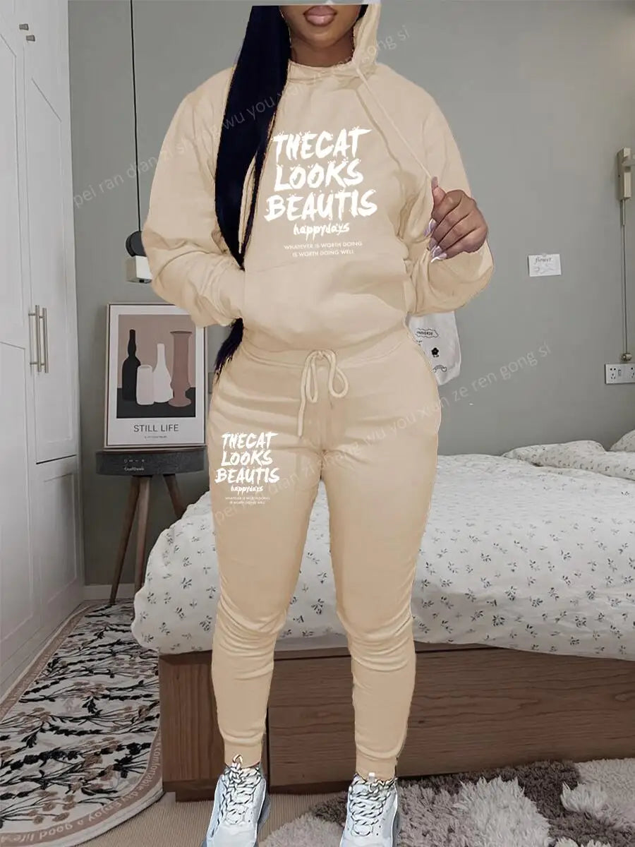 Womens TrackSuit Aesthetic Sweatshirts Sweatpants Two-piece Suit 2025 New Fleece Letter Printing Streetwear Women Hoodie Sets
