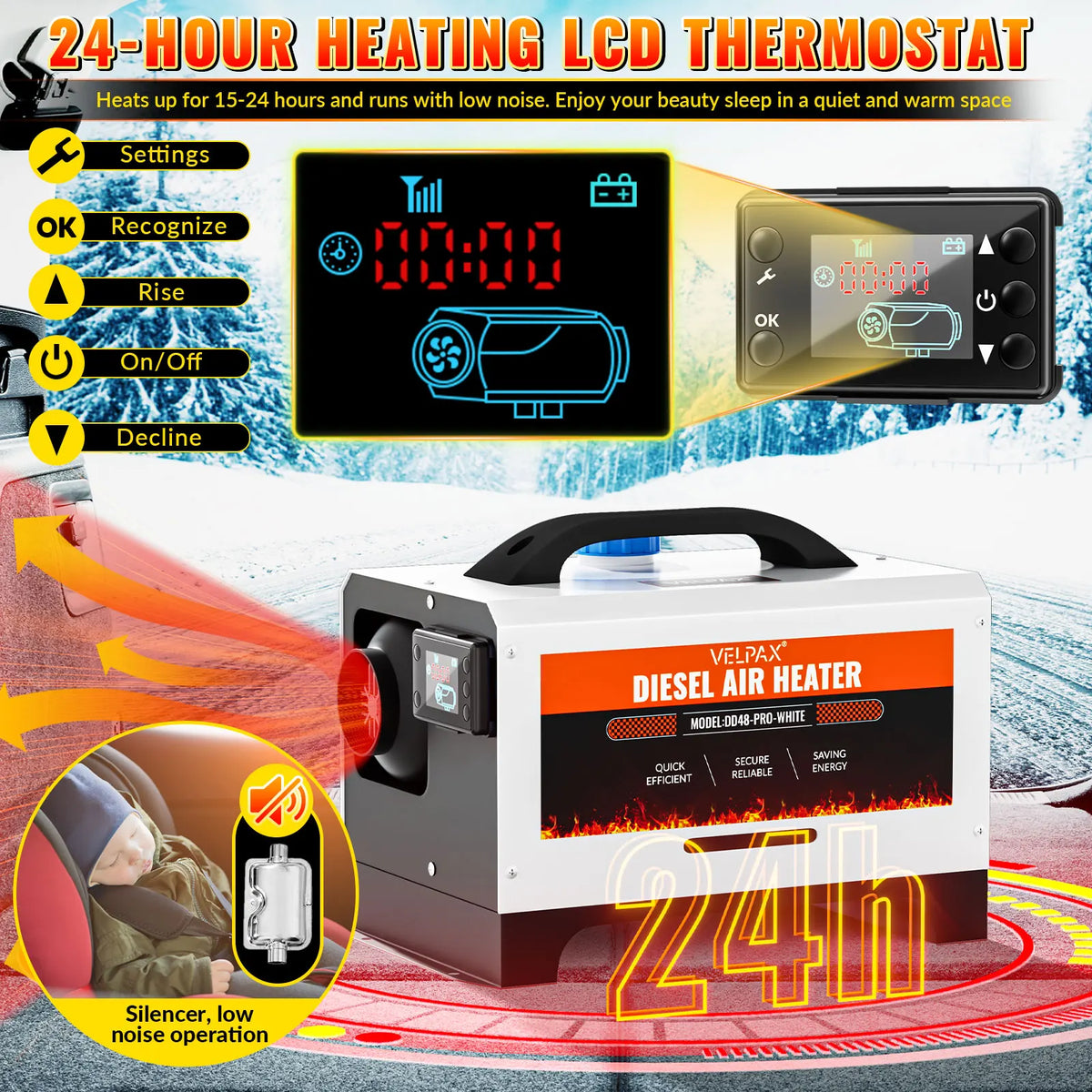8kW 110V Diesel Heater – Portable Diesel Air Heater with Remote Control, Large LCD Screen, Smart Remote Control, Adjustable Temperature (18–40°C), for RVs, Yachts and Trucks (White)