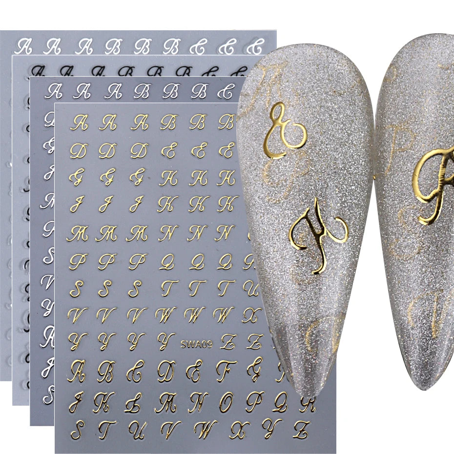 4pcs Roman Letter Nail Stickers Golden Silver Black White Alphabet Design Self Adhesive Decal English Words DIY Manicure Decor