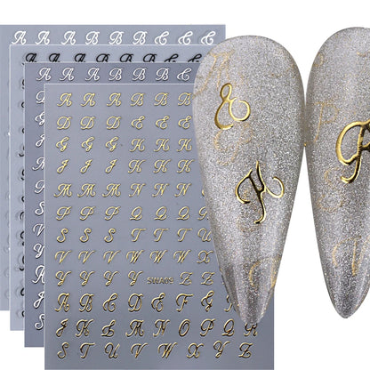 4pcs Roman Letter Nail Stickers Golden Silver Black White Alphabet Design Self Adhesive Decal English Words DIY Manicure Decor